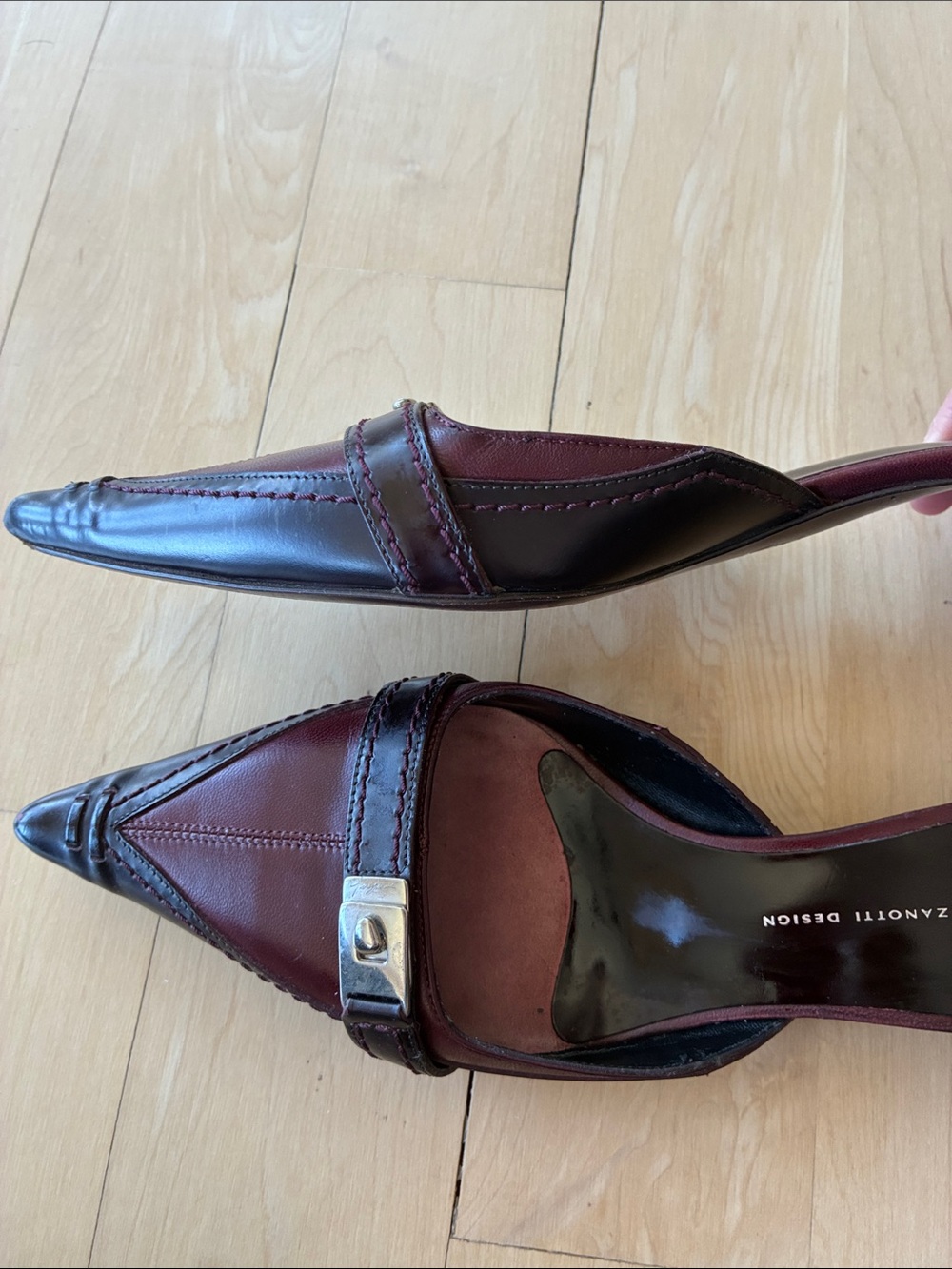 Vintage Giuseppe Zanotti Burgundy Pointed Leather Slip-On Mules/Kitten Heels - Picture 10 of 16